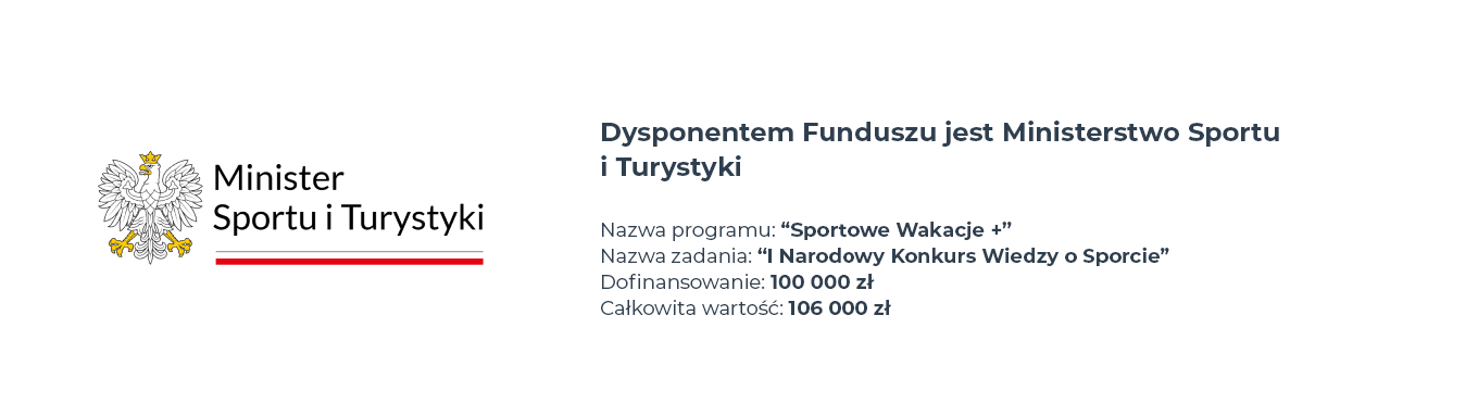 Grafika informacyjna. Dysponentem Funduszu jest Ministerstwo Sportu i Turystyki. Nazwa programu: 'Sportowe Wakacje+'. Nazwa zadania: 'I Narodowy Konkurs Wiedzy o Sporcie'. Dofinansowanie: 100 000 zł. Całkowita wartość: 106 000 zł